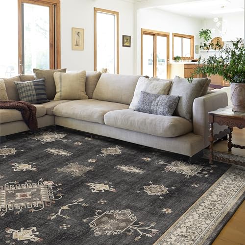 RUGGABLE Washable Vintage Area Rug – Verena Dark Wood 8x10, Stain-Resistant, Non-Slip – Large Machine Washable Rugs for Living Room, Bedroom, Hallway, Entryway & Office–with Standard Pad