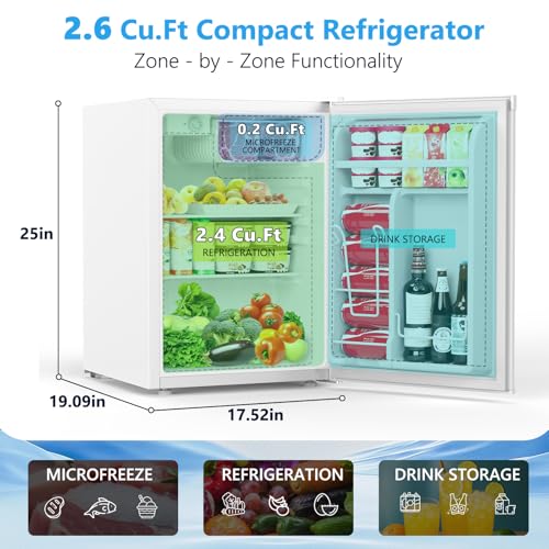 Image of COWSAR 2.6 Cu.Ft Mini Fridge with Freezer, Quiet Reversible Door Compact Refrigerator, Small Refrigerator with 2 Removable Shelves, Adjustable Thermostat, for Office, Bedroom, Dorm, White