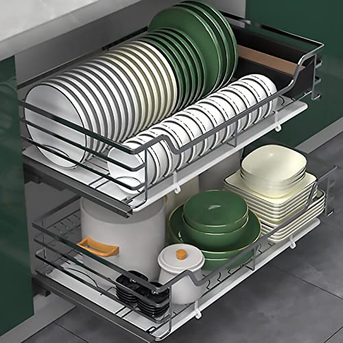 Estantes de almacenamiento de acero inoxidable de 2 niveles deslizantes para gabinetes de cocina, estante de especias y organizador de cajones para armarios de cocina y despensa, cesta de alambre de