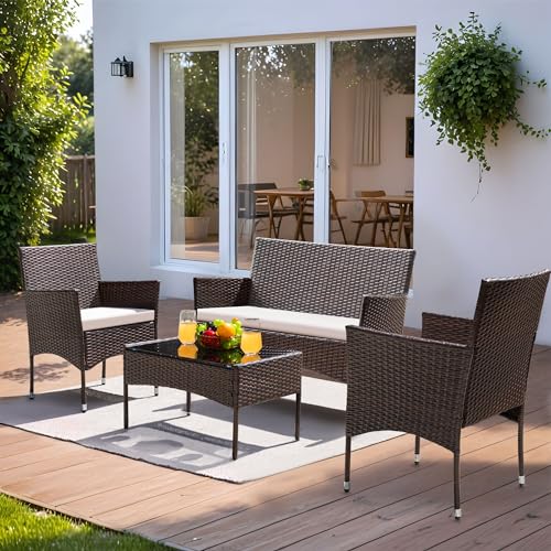 Greesum Patio Furniture 4 Pieces Conversation Sets Outdoor Wicker Rattan Chairs Garden Backyard Balcony Porch Poolside Loveseat With Cushion And Glass Table thumb #1