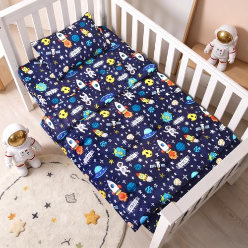 Image of JISEN 3 Piece Crib Bedding Set Soft Baby Space Crib Comforter Set with Comforter, Sheet, Pillowcase - Nursery Bedding for Boys or Girls Navy