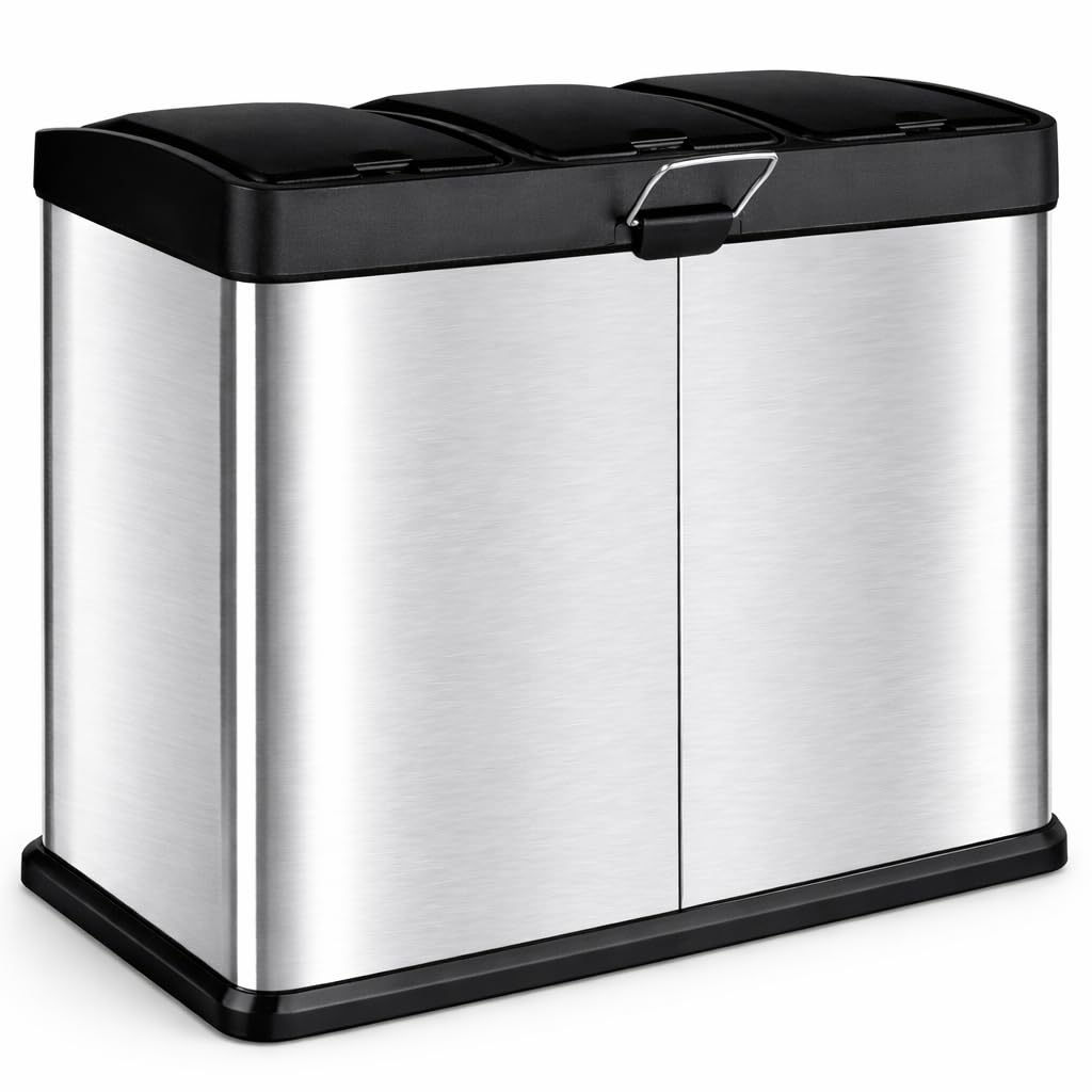 T-LOVENDO.ES Cubo basura o reciclaje 3 de compartimentos Grande | 3 X 8L Total 24 Litros | Contenedores de reciclaje separados por color | Papeleras con pedal | Acero | Gran capacidad
