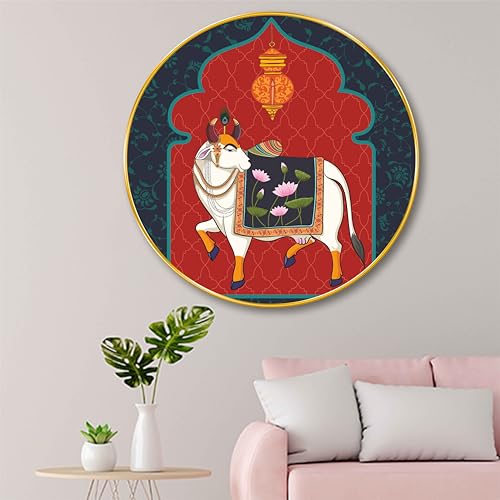 Image of SAF Round Sacred Cow Wall Painting - Golden Frame | Divine Pooja Room Wall Art with Lotus Motif | Traditional Hindu Religious Decor for Home Temple Living Room Gift