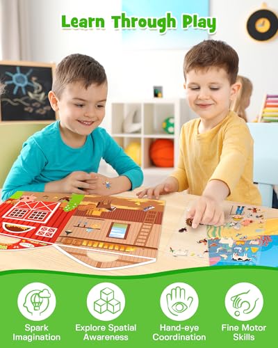 D-FantiX 3D Aufkleber für Kinder 3 4 5 6 7 8 Jahre, 4 Stück Wiederverwendbares Stickerbuch für Jungen Mädchen, Bauernhof Dinosaurier Ozean Safari, beschäftigung autofahrt Kinder reisebeschäftigung