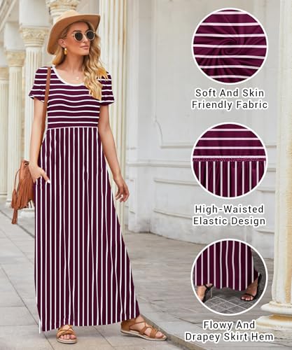 Image of EUOVMY Women's Short Sleeve Loose Plain Maxi Dresses Casual Vacation Long Dresses with Pockets