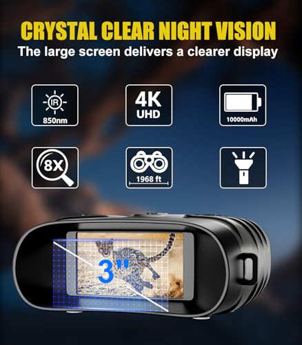Image of Night Vision Binoculars, 4K Full-Color Night Vision Goggles 10000mAh, 48MP 8X Digital Zoom 1968FT - Adult Infrared Nightvision 3'' HD Screen 32GB Card for Camping Security Men's Gift