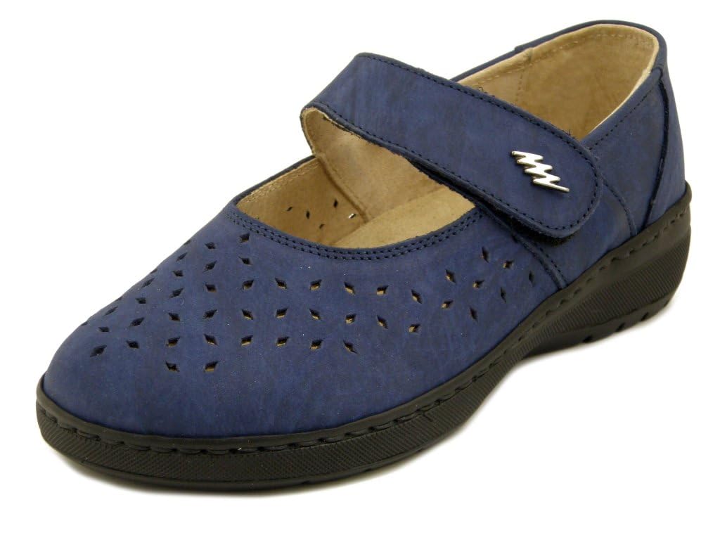Scarpe Donna Ballerine con Strap in Pelle Blu, Linea Ortopedica, Pianta Larga e Plantare Estraibile, 9152