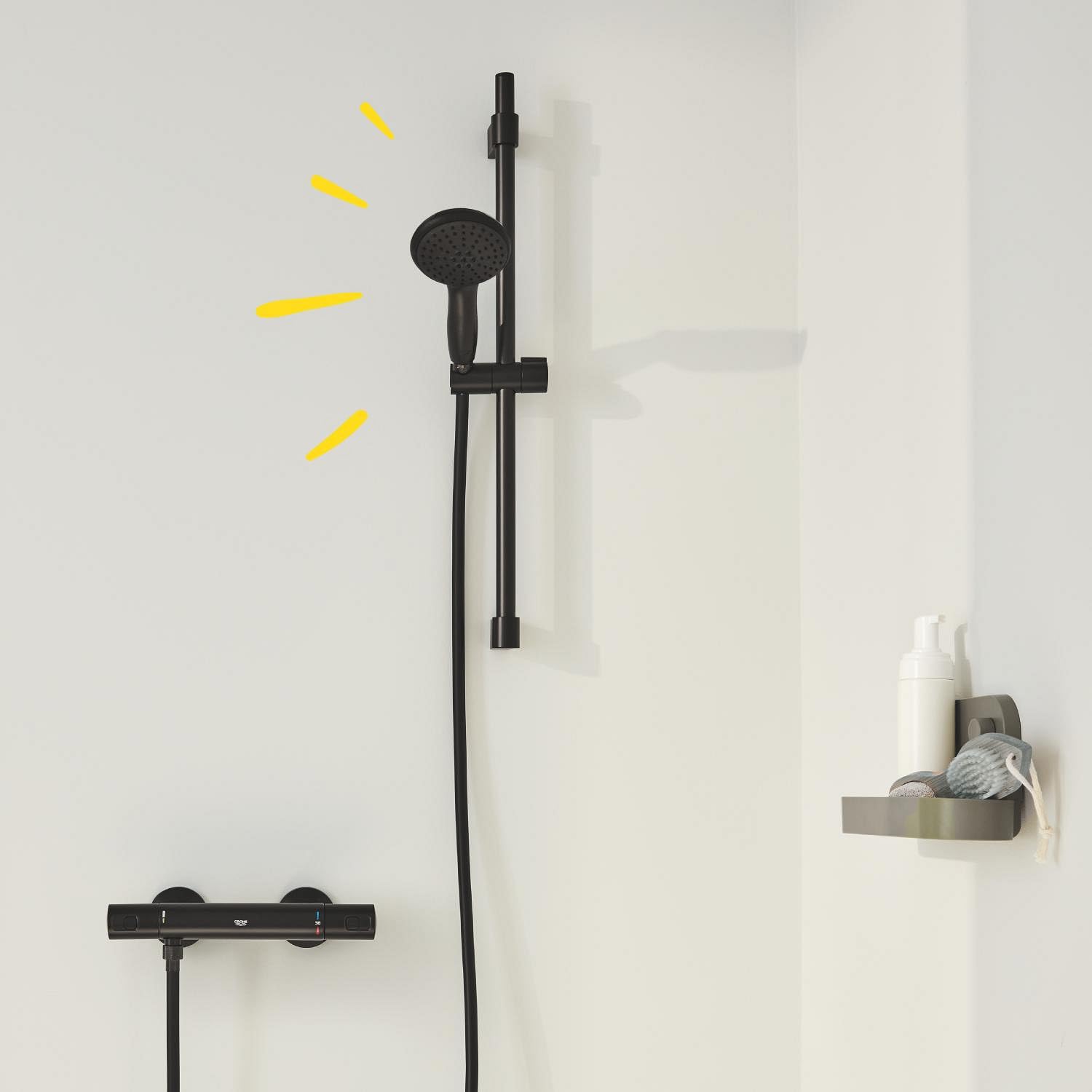Grohe Precision Start Conjunto de ducha termostático 1/2" (teleducha redonda con 1 chorro, flexo de 1,75 m y barra de ducha de 60 cm, ahorro de agua, función de seguridad) Negro Mate, 345972431