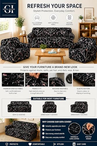 Image of Gifts Island Sofa Cover 3 Seater and 2 Seater Fully Covered Universal 5 Seater Sofa Cover Non-Slip Sticky Elastic Stretchable Sofa Set Slipcover Protector for (3+1+1 Seater), Black Stem
