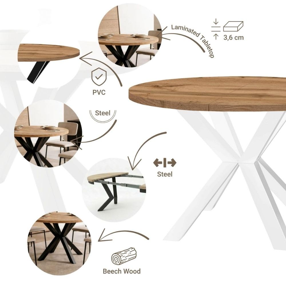 Runder Ausziehbarer Tisch für Esszimmer RAL mit Holzbeinen, Skandinavischer Stil, Durchmesser Varianten von : 90 bis 220 cm (Eiche Craft Gold, 110/160 cm)