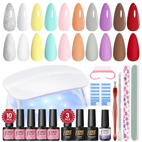Peacecolor Kit Uñas de Gel, 14PCS Pintauñas Semipermanentes con Base Top y Mate Coat, Set Esmalte de Uñas Semipermanentes con Removedor de Uñas Regalos Principiantes