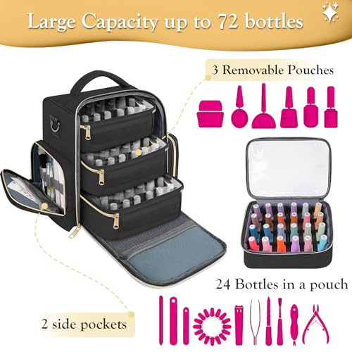 YOREPEK Nail Polish Organizer Holds Up to 72 Bottles (15ml-0.5 fl.oz) Nail Polish Carrying Case with 3 Removable Pouches and 4 Zippered Pockets for Manicure Tools, Supplies, Nail Lamp, Gifts for Women by YOREPEK - Image 3