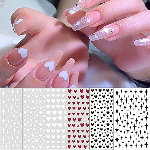 Heart Nail Art Stickers 3D Self Adhesive Nail Decals Shiny Star Decoration Black White Heart Star Fashion Nail Stickers For Women Diy Nails Design French Manicure Art(6 Sheets) #TOP7