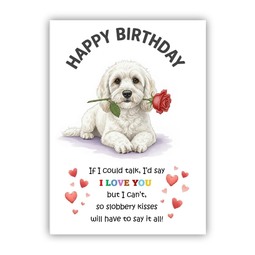 Dog Birthday Card – Cute Puppy with Rose – Birthday Card from the dog to the owner, Mum, Dad, Mummy, Daddy, Mother, Father (• Cockapoo white– Cockerpoo)