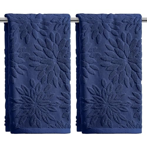 Artoid Mode 2 Pcs Navy Blue 3D Dahlia Floral Jacquard Hand Towels for Bathroom Cotton Soft Absorbent Bathroom Decor Towels 13.7 x 29.5 Inch