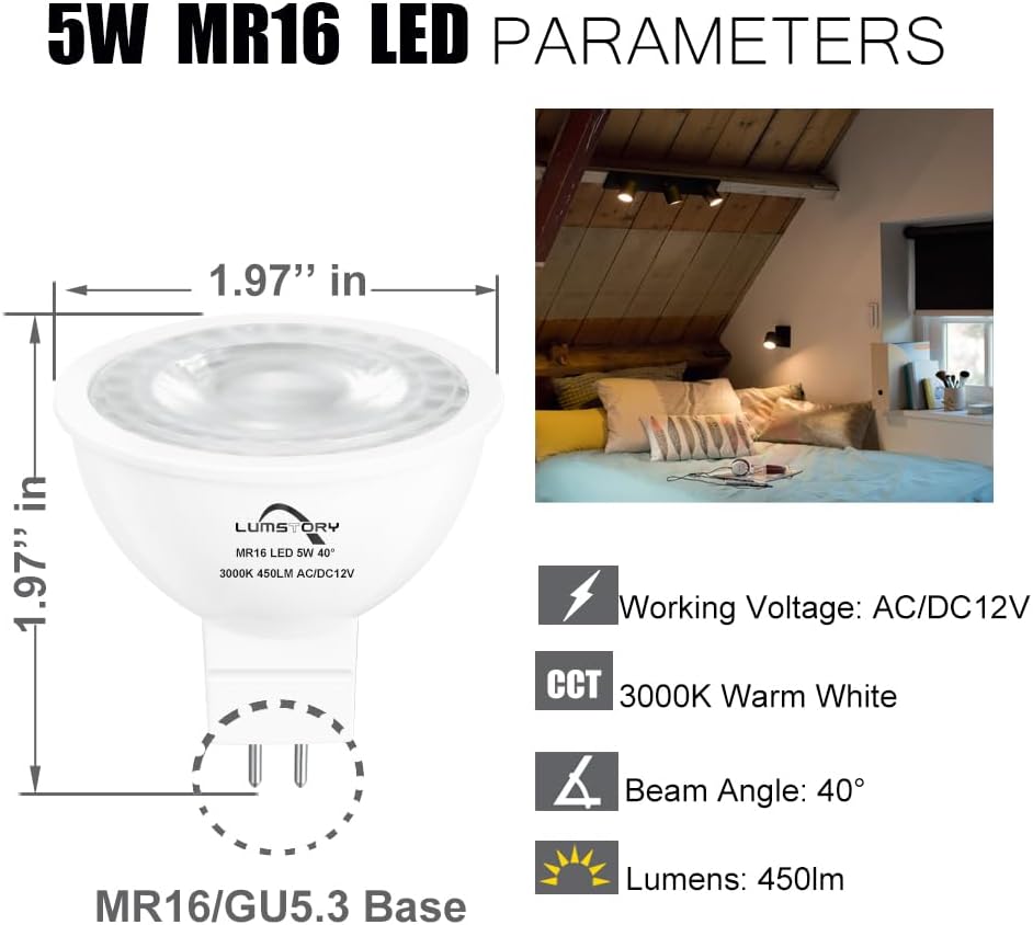 LumStory MR16 LED 12V Bipin Bulb 3000K Warm White 50W Halogen Replacement GU5.3 5W 450lm 40 Degree Flood Beam Angle for Landscape and Track Lighting 10-Pack