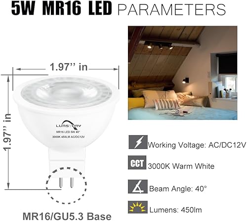 Miniatura 2 de LumStory Bombilla LED MR16 Bipin de 12 V, 3000 K, blanco cálido, 50 W, reemplazo halógeno, GU5.3, 5 W, 450 lm, ángulo de haz de inundación de 40
