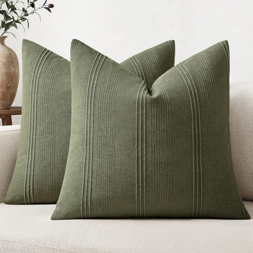 MIULEE Striped Throw Pillow Covers 20x20 Decorative Textured Pillow Covers Pack of 2 Linen Cushion Cases for Couch Bed Sofa Livingroom Farmhouse Home Decor Olive Green