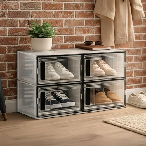 amazon basics Plastic Shoe Box | 4-Door Stackable Organizer | Dustproof, Foldable & Easy Assembly | PP+AS | Black | 46 × 35 × 29 cm