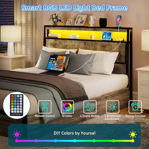 Image of SADENICEL Full Size Bed Frame with Storage Headboard, Metal Platform Full Bed Frame Wood with 4 Drawers, LED Light, Charging Station, No Box Spring Needed, Noise Free, Easy Assembly, Grey