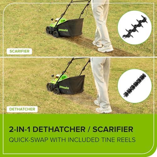 Image of Greenworks 40V 15-Inch 2-in-1 Dethatcher & Scarifier, 5.0Ah Battery & Rapid Charger Included, Brushless Motor, 5-Position Depth Adjustment