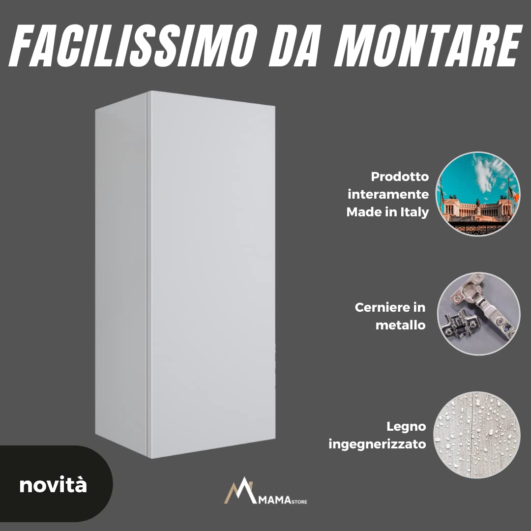MaMa Store Atena Pensile Singolo Reversibile in Kit con sistema di apertura push and pull, Laminato, BIANCO LUCIDO L. 30 X P. 22 X H. 71 Cm
