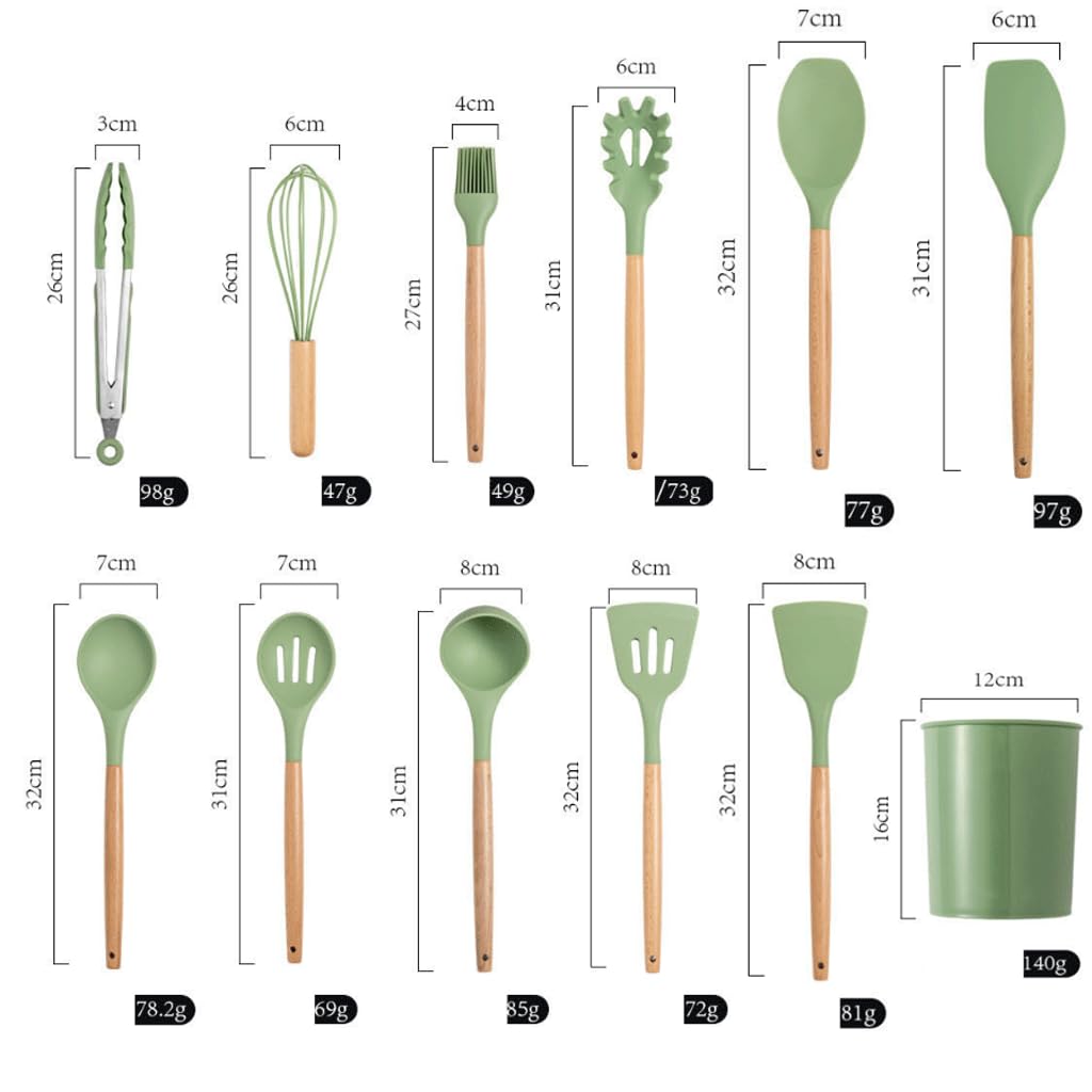 Set di 12 utensili da cucina in silicone con manici in legno