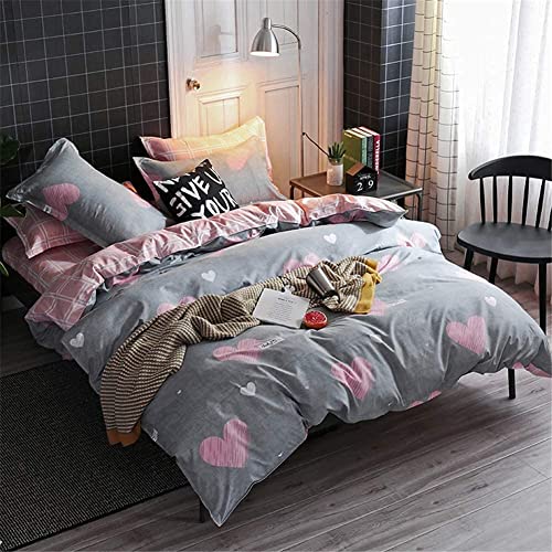 Koudi Kids Girls Duvet Cover Set Queen Pink/Grey Reversible Soft Microfiber Bedding Set Sweet Heart And Pink White Plaid Bedroom Comforter Cover For Teen Girls 3Pcs #TOP3