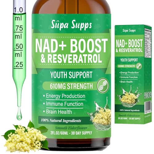 NAD+ Boost Liquid 60ml – Premium NAD Supplements High Strength Formula with Resveratrol Liquid, Elderflower Flavour, Easy Absorption – Supports Energy, Focus and Wellness – NAD Plus Supplements UK