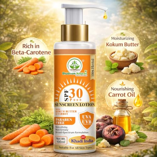 Image of Khadi SPF 30 Sunscreen Lotion with Kokum Butter & Carrot | Broad Spectrum UVA & UVB Protection | Herbal Sunblock for Face & Body | Non-Greasy & Moisturizing Formula - 100ML