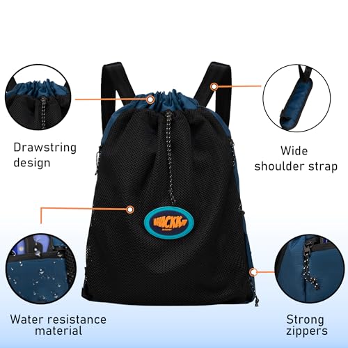 Image of WHACKK Phelps Blue 23L Premium Drawstring Swimming /Football Backpack|Waterproof Wet Compartment, Mesh Pocket, Multi Storage & Bottle Holder|Ideal for Swimming, Football & Gym