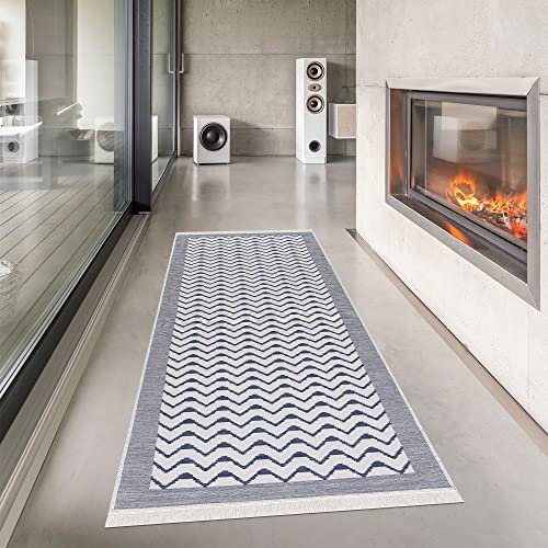 Pasha Home Tapis de Passage 80x200 cm Oslo/Tapis Boho en Coton/Tapis pour Salon, Chambre, Cuisine, Salle de Bain, Chambre d'enfant/Tapis Boho Style réversible Gris-Bleu