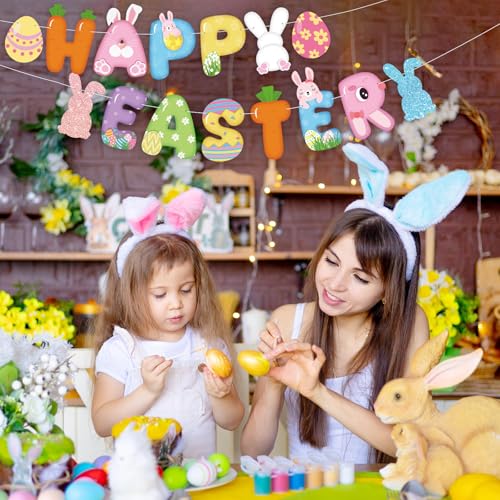 Image of Happy Easter Banner Bunny Party Decor Easter Garland with Eggs Chick Carrot Signs for Spring Party Classroom Home Wall Decor Birthday Baby Shower Party Decoration Supplies