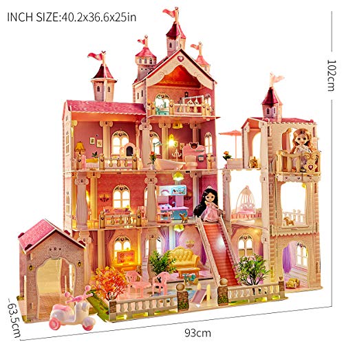 Puppenhaus Spielzeug Sets,mit 49 Stück Möbelzubehör und Lichtern. 4 Etagen Großes Puppenhausspielzeug (Höhe 102 x… – Bild 8