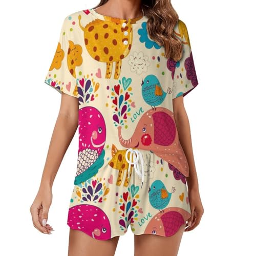 Pyjama pour femme manches courtes Eléphant Lion idéal pour les douces matinées d'été