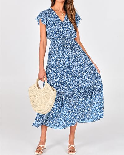 Image of BTFBM Women Summer Bohemian Floral Casual Wrap V Neck Ruffle Cap Sleeveless Belt A-Line Pleated Hem Midi Sun Dress White
