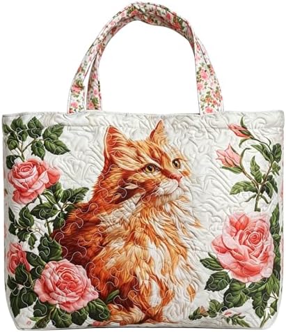 Women's Quilted Tote Bag – Lightweight Large Capacity Foldable for Travel | 20.87" L x 15.75" H (Cat) — view 5