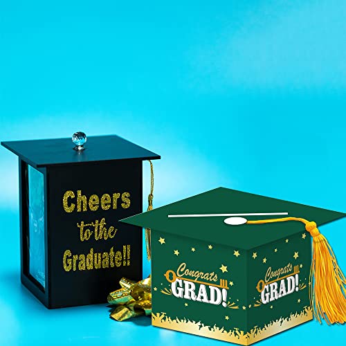 Image of 2026 Graduation Party Card Box, Green Gold Congrats Cap Card Holder Box with Tassel for 2026 Graduation Party Decoration