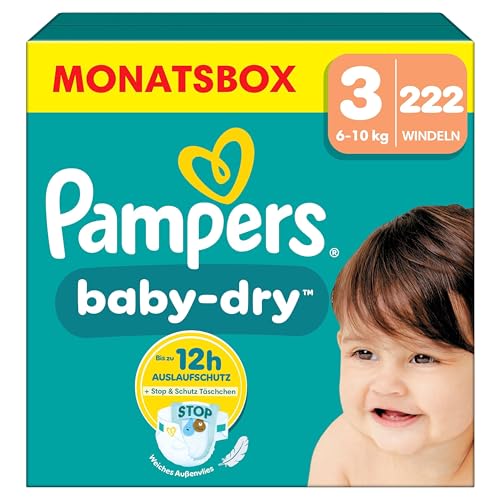 Pampers Baby-Dry Größe 3, 222 Windeln, 6kg-10kg, Bis zu 100% Auslaufschutz & Komfort die ganze Nacht