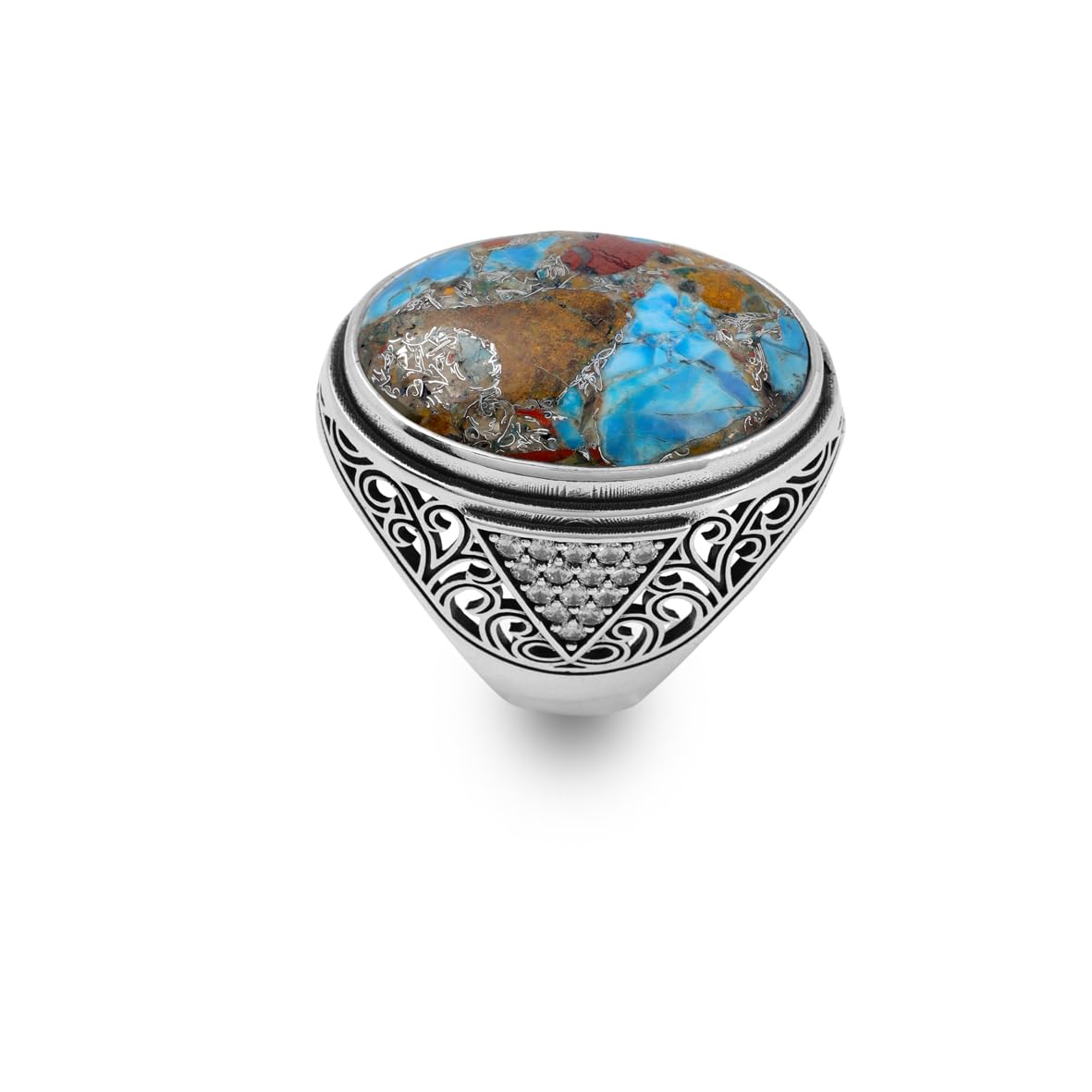 Anello da uomo in argento sterling con turchese – Anello speciale con grande pietra preziosa con grosso design ottomano, micro zaffiro, incisione personalizzata (36)