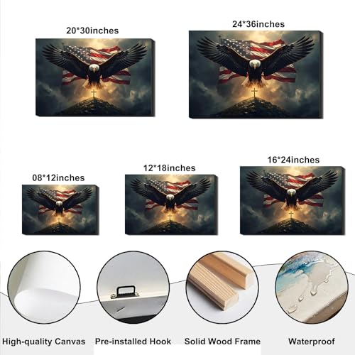 Image of Patriotic Bald Eagle with US Flag & Cross Canvas Wall Art, Christian 4th of July Patriotic Wall Decor, Framed Inspirational Canvas Prints, Independence Day Pictures for Office, Bedroom