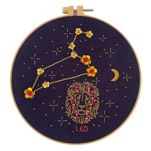 mozhijing Constellation Embroidery Kit for Adults with Stamped Pattern, Round Beads for Embroidery DIY Crafting,Cross Stitch Beginner Kits with Frame,Star Sign Embroidery Kit. (Leo)