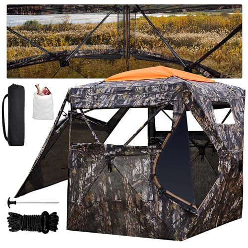 Hunting Blind 300D See Through Ground Blinds, 3-4 Person 270 Degree 2 Doors Pop Up Deer Blind Portable Camouflage Hunting Tent, for Turkey & Deer Hunting with Cyclone Tent Stakes and Wind Ropes