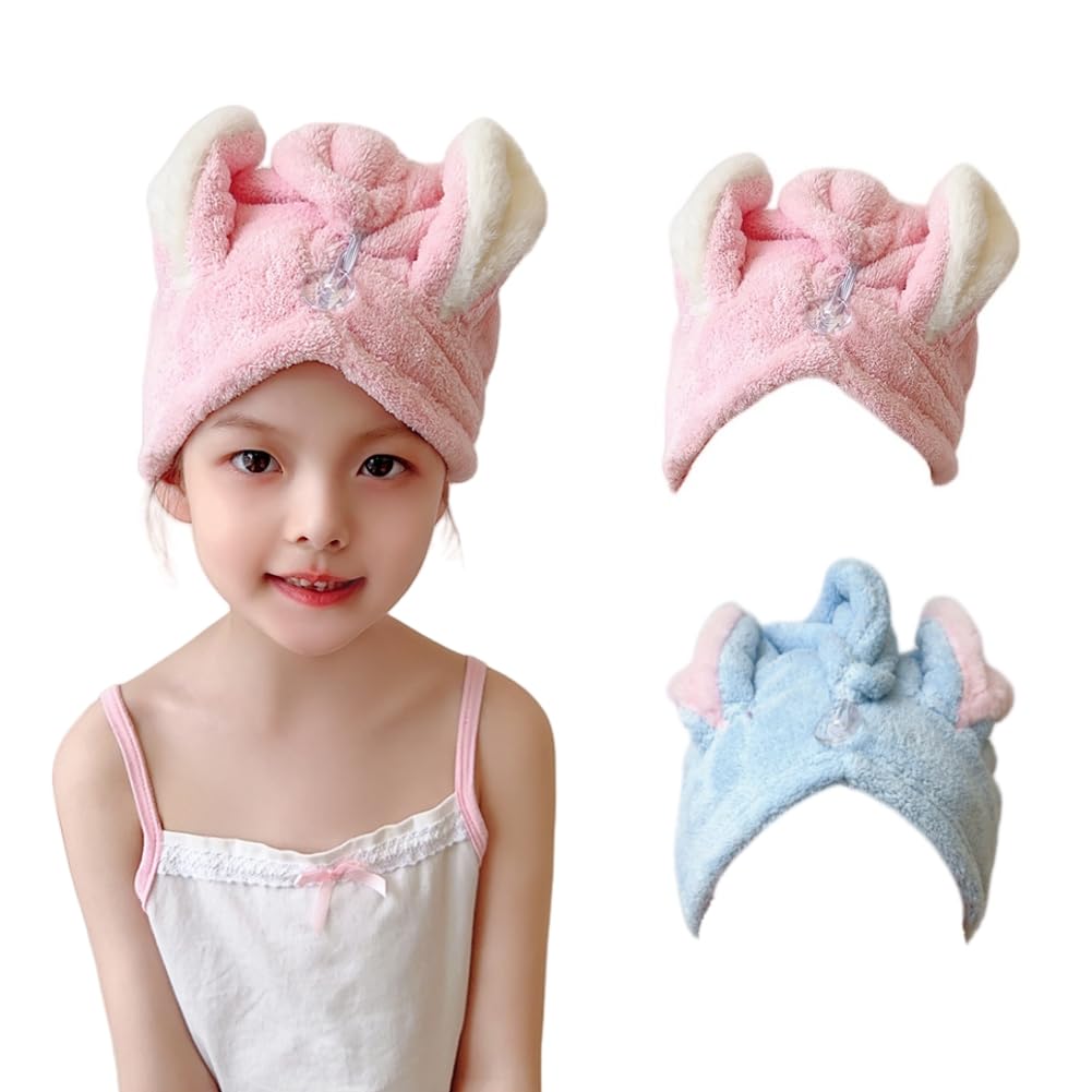 SIQITECHUK 2Pcs Kids Hair Towel Wrap Absorbent Hair Drying Hat Cute Cartoon Rabbit Ears Hairs Turban Quick Dry Microfibre Bath Cap for Long Short Curly Straight Hair