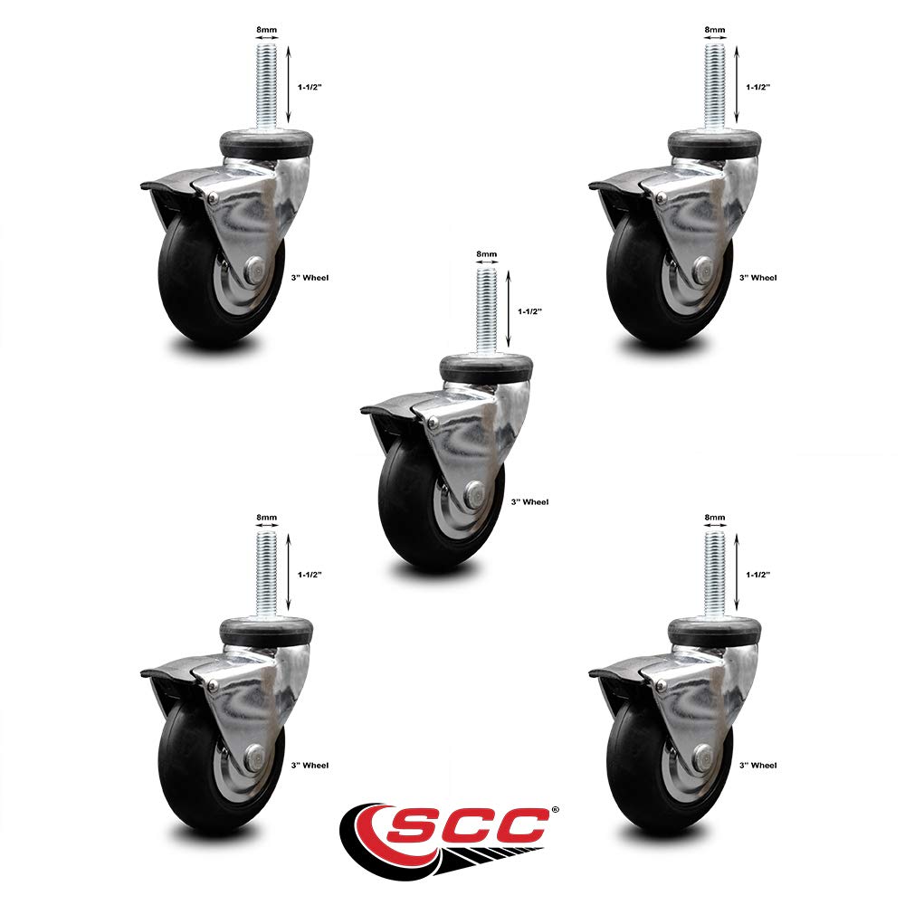 3 Inch Swivel Caster Wheels for Furniture - Bright Chrome Hooded Neoprene Rubber Wheel with 8mm - 1.25 x 1-1/2 Inch Metric Threaded Stem and Brake-550lbs. Total Capacity-Set of 5-Service Caster Brand