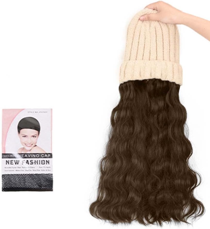 Woman Wig Winter Beanie Hat Wig Extension Long Wavy Curly Wig with Plush Knitted Hat Warm Wig