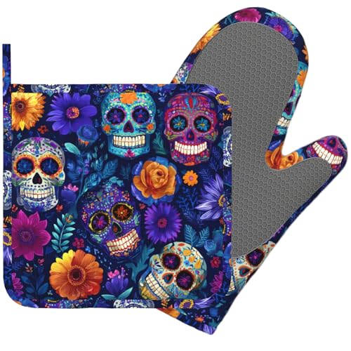 Day of The Dead Oven Mitt and Pot Holder with Silicone Heat Resistant Kitchen for Cooking BBQ Baking Grilling Cooking Protection