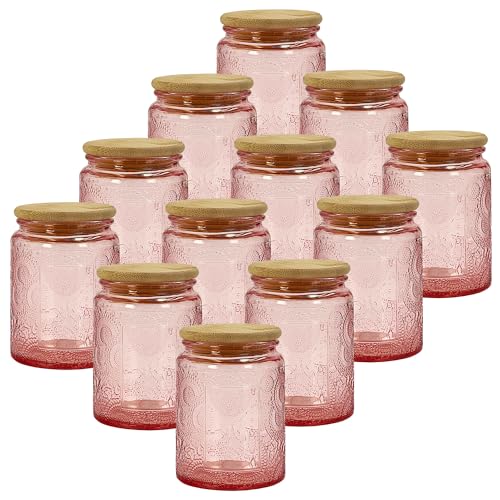 LINGSHINE 8oz Decorative Glass Jars with Airtight Bamboo Lids (Pink - 12pc), Vintage Food Storage Containers, Home Décor Candle Making Parties Wedding Baby Shower Favors Gift by LINGSHINE - Used condition - US$25.59