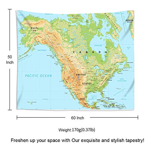 Suklly Tapestry Wall Hanging Topographic North America Physical Map Usa Canada States American Home Decor Polyester Living Bedroom Dorm 50 X 60 Inches Picnic Mat Beach Towel Bed Cover thumb #3