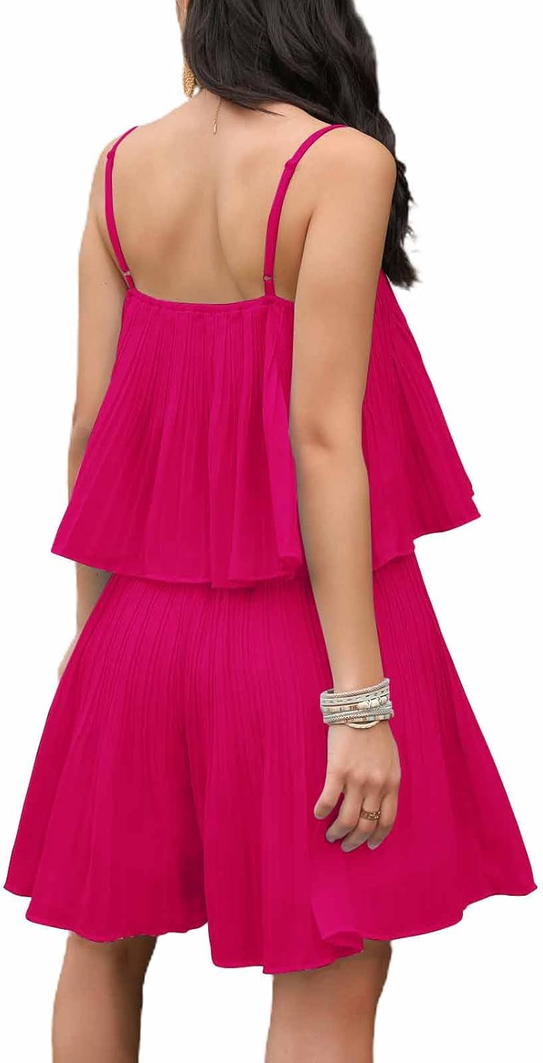 EXLURA Womens 2026 Summer Romper Dress Spaghetti Strap Pleated Beach Vacation Outfit Fashion Cruise Short Jumpsuit Outfits - Image 6